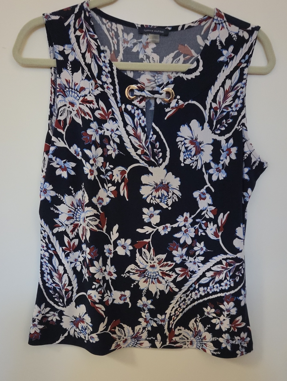 Tommy Hilfiger Navy Floral Sleeveless Shell with Gold Grommet